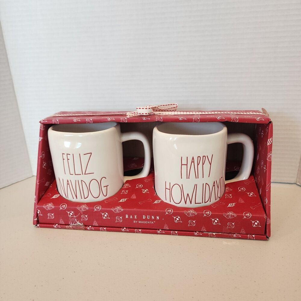 Rae Dunn Christmas Mug Set Feliz Navidog Happy Howlidays Cups Dog Lover Gift New